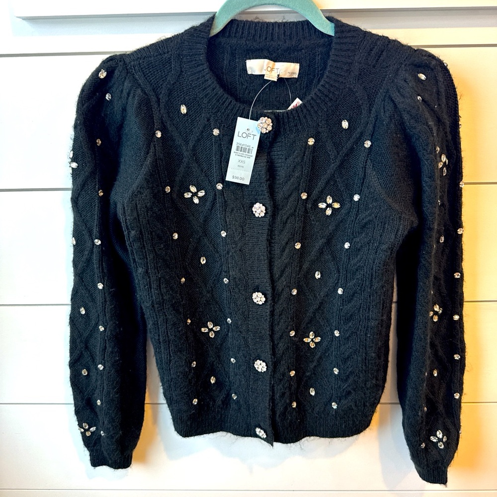 Brand new size xxs petite sweater, loft, black with rhinestone design & buttons